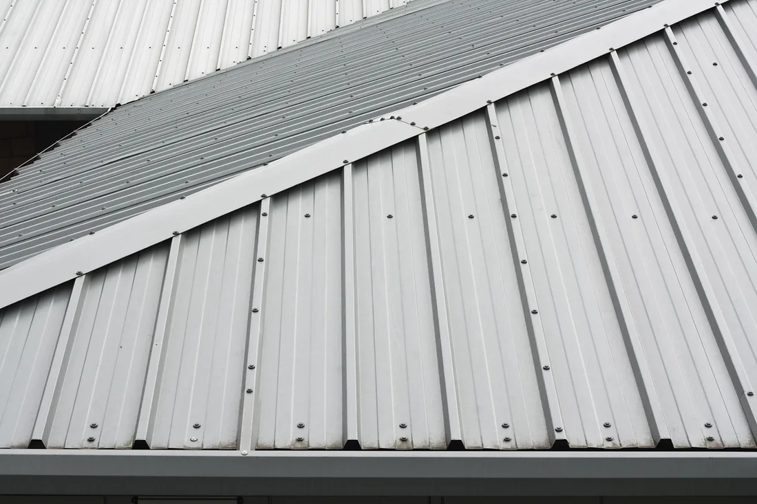 Close-up of profiled metal roof sheeting on an industrial building